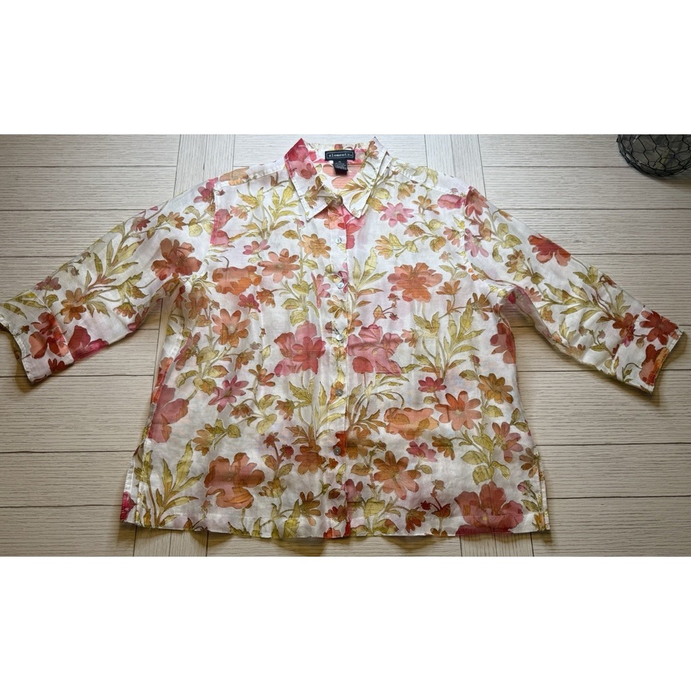 Elementz Women Floral ButtonUp Sheer Blouse Elbow Length Sleeve Linen Blend‎ XL